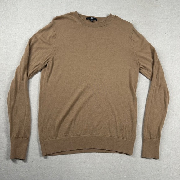 Uniqlo Sweater Womens M Wool Crew Neck Basic Brown Tan Layer Classic - Picture 1 of 9